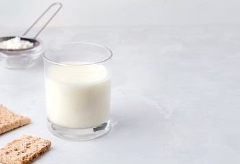 Fermented kefir on a white background. Copy space