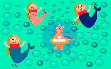 Cute fairy unicorn in ocean. Magic funny mermaid.  doodle graphic. Illustration for fashion design