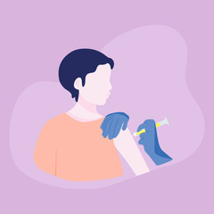 Doctor’s hand makes a vaccination to the boy. Vector illustration, flat design.