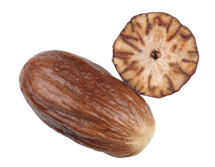 Nutmeg on white background isolated, top view