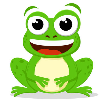 Green toad sits and smiles on a white background