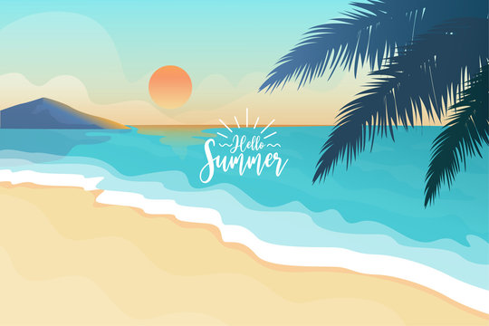 hello summer text with tropical beach vector illustration