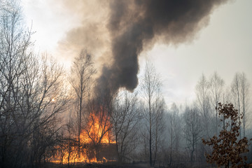 ZHYTOMYR REGION, VILLAGE LIUDVYNIVKA, UKRAINE - APRIL 18, 2020. Burning wooden house during forest wildfires around the Chornobyl exclusion zone.