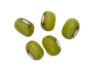 Close up of five mung beans in a small group seen directly from above and isolated on white background