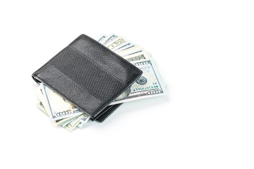 Black wallet with genuine leather dollars on an isolated white background.