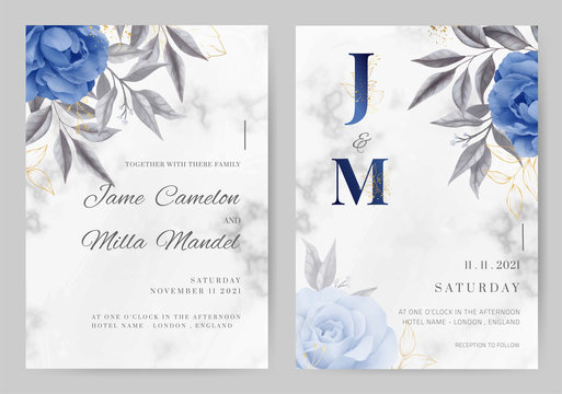 Wedding invitation card marble background navy blue rose color. Watercolor painted. Template card set.