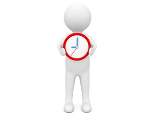 3d character with a clock on a white background. 3d render illustration.