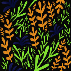 Neon doodle plants on black background. seamless floral pattern with orange, green, blue leaves and branches. Packaging, wallpaper, textile, fabric design