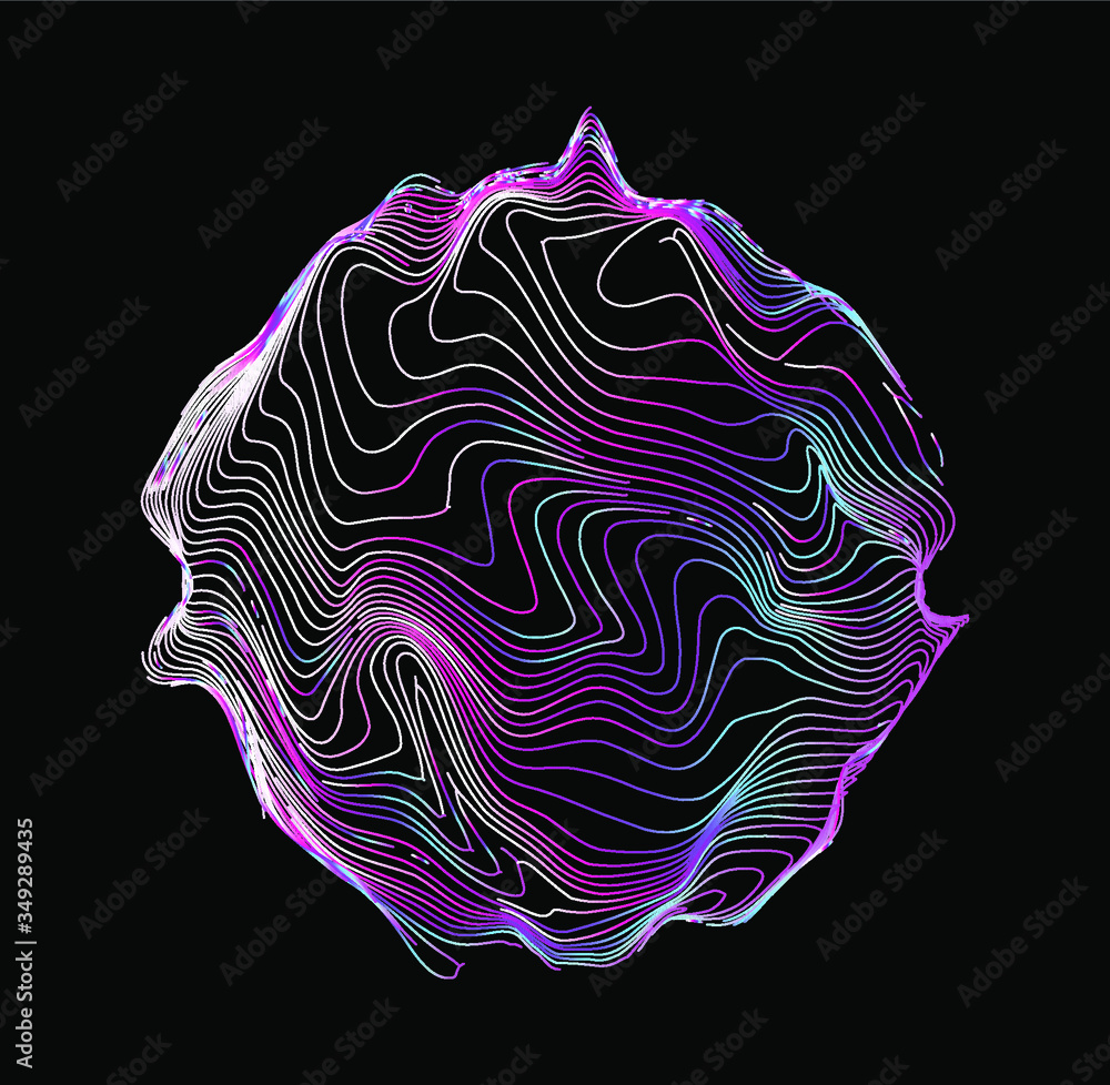 Poster Illuminated holographic circle with glitched wavy texture. Retrofuturistic illustration in 80s-90s synthwave and retrowave chromatic spectrum colors.
