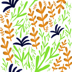 Neon doodle orange, green, blue plants, seaweed, and branches on white background. Seamless pattern. Underwater, kids, print, packaging, wallpaper, textile, fabric design 