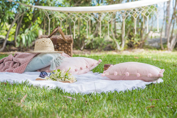 Picnic outdoors. Preparations for the picnic. Garden decoration Summer time fun