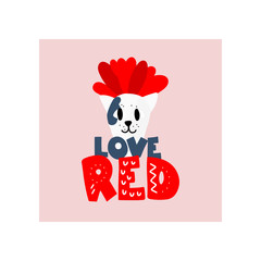 Flower pot in the shape of cute cat  with succulent in scandinavian style. Phrases: love red. Unique hand drawn nursery poster. Modern vector illustration.