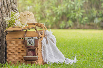 Picnic outdoors. Preparations for the picnic. Garden decoration Summer time fun