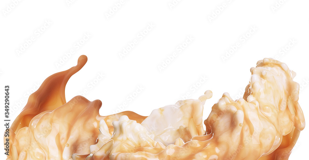 Poster splash of caramel with milk on a white background