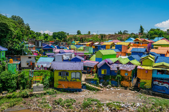 the colourful rainbow village also know as Kampung Warna Warni. amazing colours everywhere where the locals live in Malang, Java, Indonesia