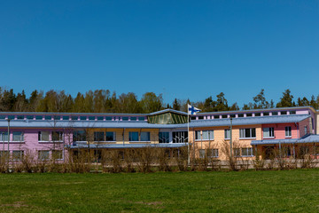 Colourful school building in Espoo, Finland, with no people