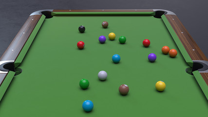 Wooden billiard table with green cloth and colorful billiard balls. 3d render.