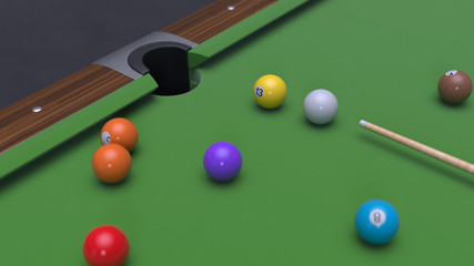 Wooden billiard table with green cloth and colorful billiard balls. 3d render.