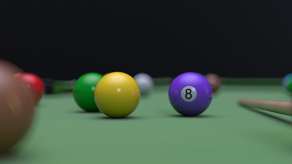 Wooden billiard table with green cloth and colorful billiard balls. 3d render.