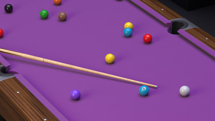 Wooden billiard table with purple cloth and colorful billiard balls. 3d render.
