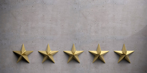 5 stars gold color sign on concrete stone background, 3d illustration