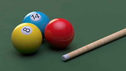 Three colorful billiard balls with numbers on green cloth. Wooden cue on table. 3d render.