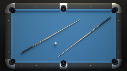 Wooden billiard table with blue cloth and two wooden cue. Top view. 3d render.