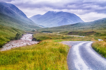 Glencoe or Glen Coe and Glen Etive valley, panoramic view landscape in Lochaber, Scottish Higlands,...