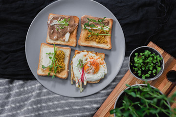 Variety of sandwiches for breakfast, snack, appetizers with fried egg, peanut paste, pea microgreen. Flat lay, top view