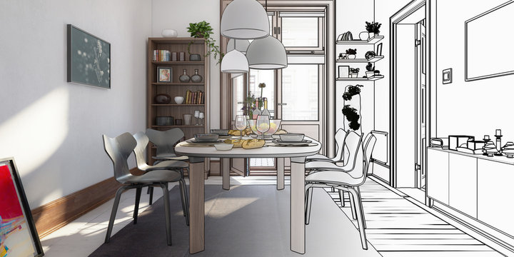 Modern Dinning Room Inside a Fresh Renovated Building (draft) - panoramic 3d visualization