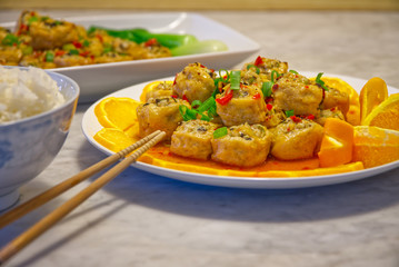 Delicious Chinese food on dinner table, homemade nutritious food, healthy diet