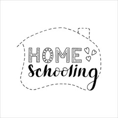 Hand drawn vector Home Schooling calligraphy lettering text and house icon with hearts. For online studying at home and e-learning.