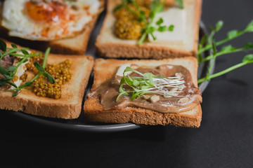 Variety of sandwiches for breakfast, snack, appetizers with fried egg, peanut paste, pea microgreen. Flat lay, top view