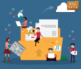 Flat design of big data, Keeping data from social network in cloud, cloud  technology concept - vector
