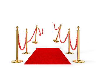 Broken rope fencing with red carpet isolated on a white background. 3d illustration