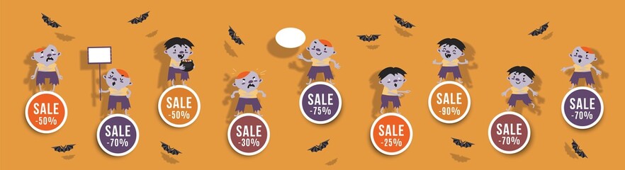 Halloween sale set of round banners with cute zombie and bats. Isolated vector clip art with amusing Halloween characters for festive discounts design