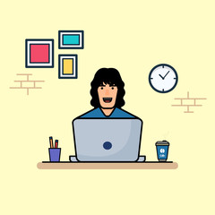 People Working on Computer with Coffee, Vector Illustration. Office. Workspace. Flat Cartoon Style Suitable for Web Landing Page, Banner, Flyer, Sticker, Wallpaper, Card, Background