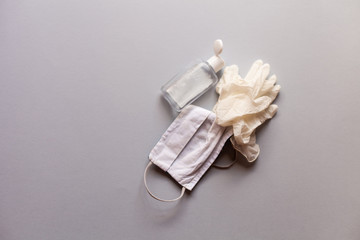 soap gel bottle sanitizer, medical mask and rubber gloves. Simple element illustration for covid-19. Personal hygiene.