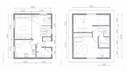 Architectural floor plan of a small house with dimensions on the drawing. Project on paper top view - obrazy, fototapety, plakaty