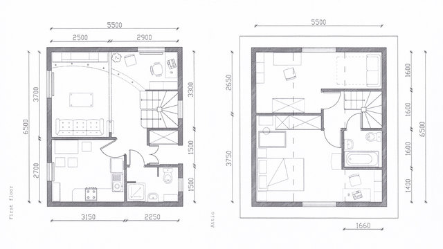 Architectural floor plan of a small house with dimensions on the drawing. Project on paper top view