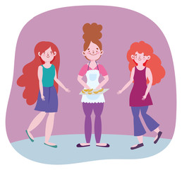 people cooking, woman with apron and dessert food and girls