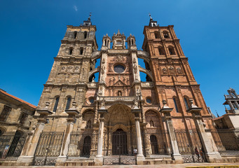 Fototapeta na wymiar Astorga Leon Spain XV century gothic Front main facade Saint Mary Cathedral Catedral de Santa Maria