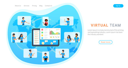 Virtual team landing. Business colleagues on computer screen having video conference. Online meeting with clients through video conference call, working from home. Flat vector page