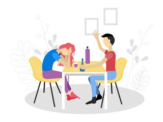 Vector illustration in flat style. Husband and wife are drinking while sitting at the table. Couple problems with alcohol. Family members are depressed. The girl is sad, and the guy drinks.