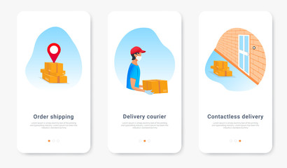 Safe online delivery service to home banner, online order tracking. Contactless delivery package shipping via mobile app. Onboarding screens template