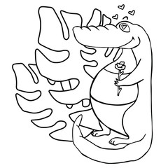 Coloring book page with crocodile and palm leaves. Vector illustration for kids