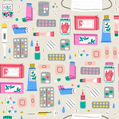 Various Medical equipment: Drugs, pills, capsules, inhaler, tube, spray, mask, patch, syringe, bottles. Medicine, pharmacy, hospital, drug store concept. Hand drawn Vector Seamless pattern, Background