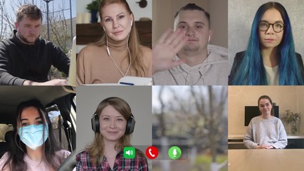 Colleagues saying goodbye to each other in online video chat. Group of eight Caucasian people working distantly on Covid-19 lockdown. Remote work, isolation, quarantine, business, lifestyle.