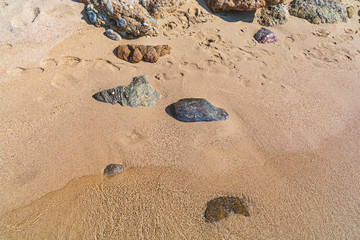 Fototapeta na wymiar Footprints on the sand with sea shore and stone