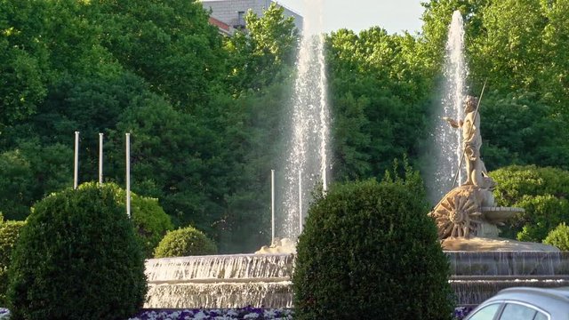 Fountain of Neptune or Fuente de Neptuno is one of the most famous landmark of Madrid, Spain. Slow motion footage.